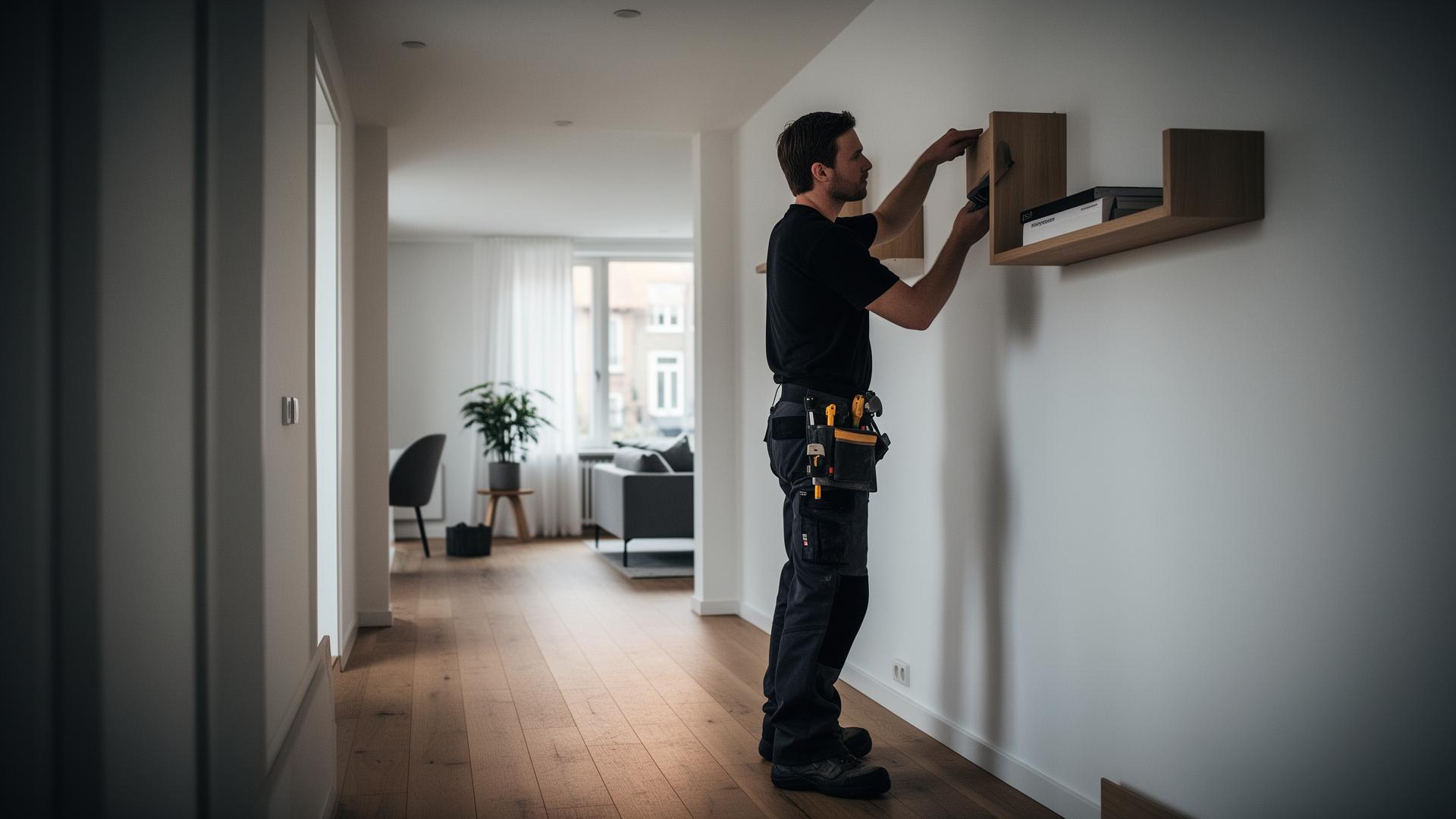 Professionel handyman monterer hylde i moderne dansk hjem